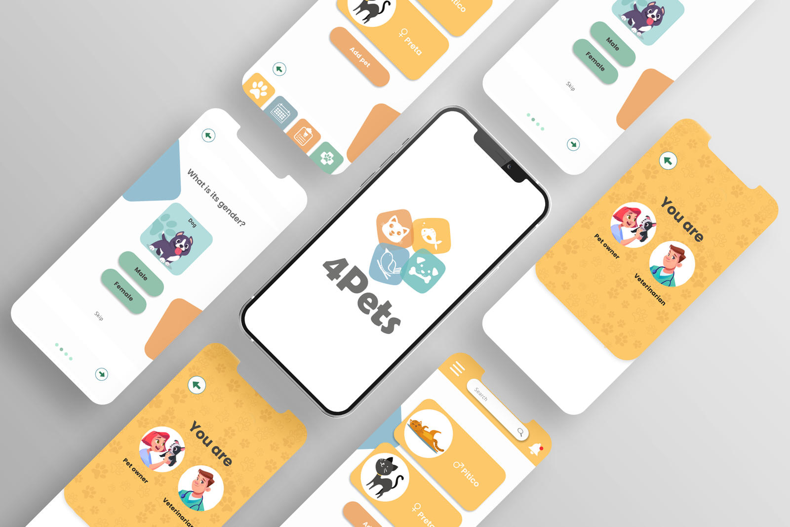 Wide 4Pets mockup showing multiple mobile screens from the app concept.