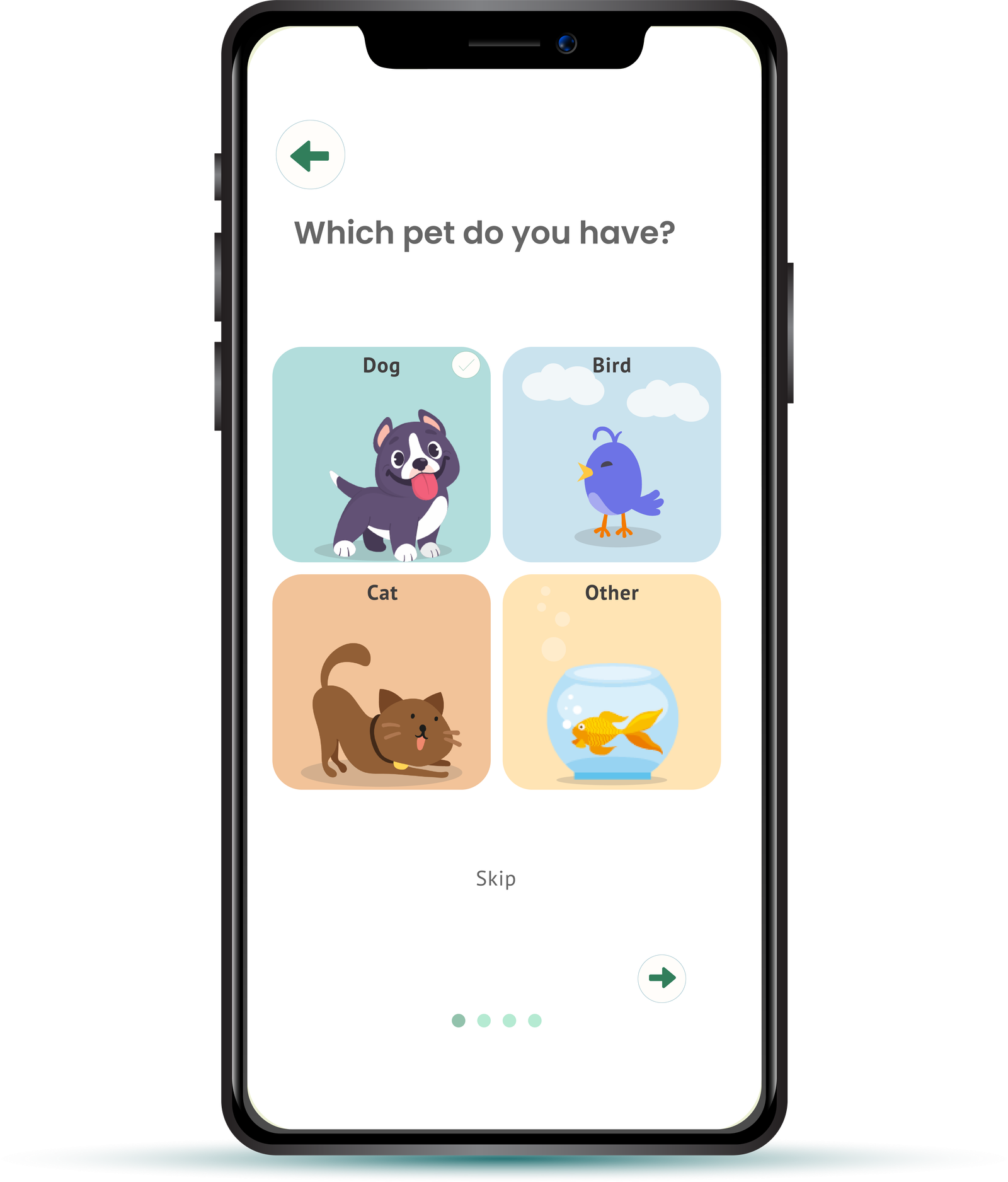 4Pets mobile screen asking which pet the user has, with illustrated dog, bird, cat and other options.