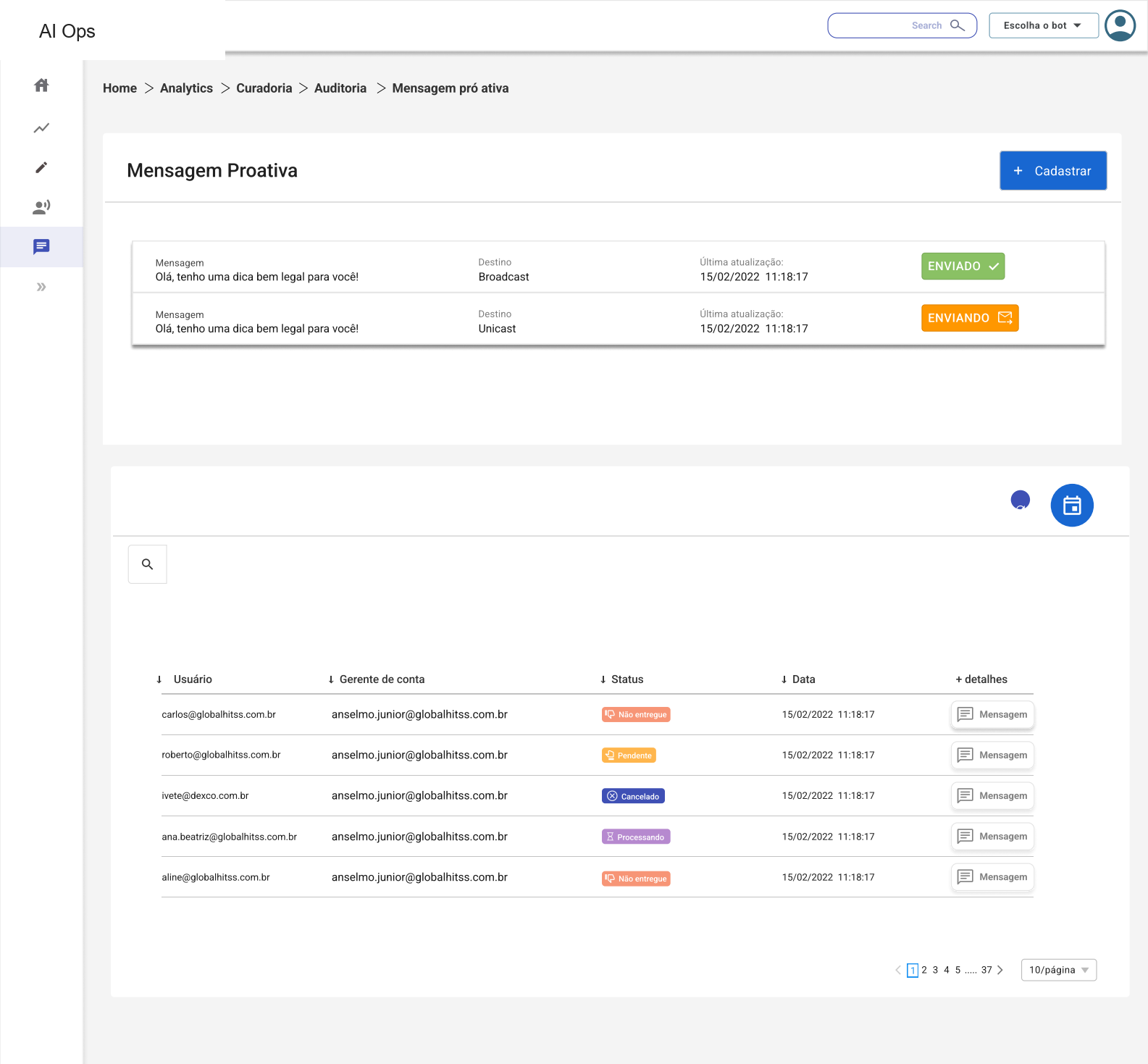 Anonymized message management view with status rows and filters.