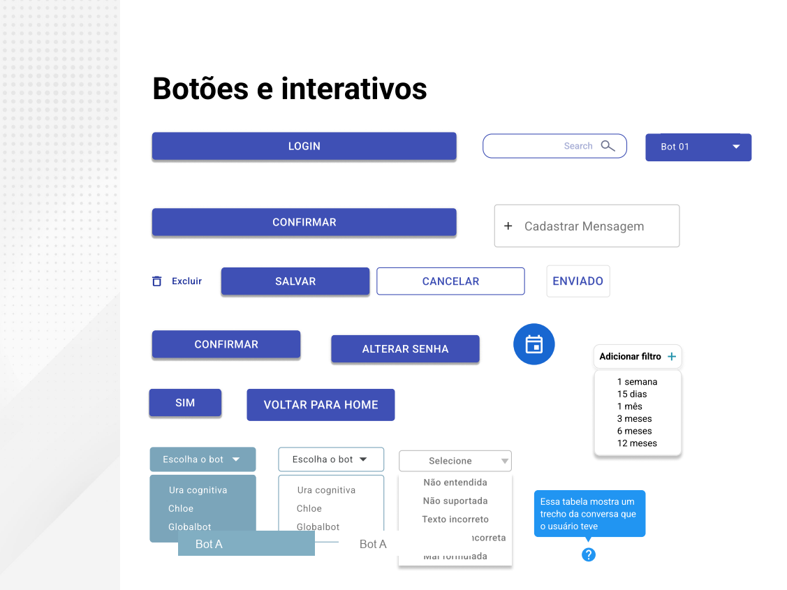 Anonymized style guide page showing buttons, search, dropdowns, filters and interaction components.