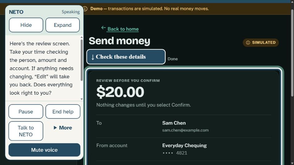 NETO beside a fictional bank transfer review, guiding the person while leaving confirmation in their control