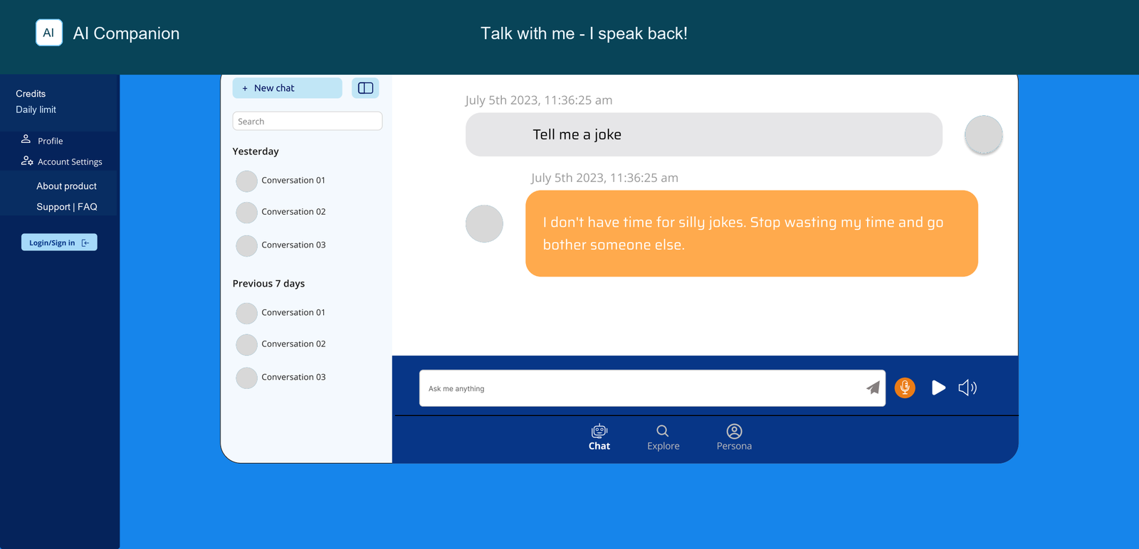 An anonymized desktop chat view with conversation history and a central chat workspace.
