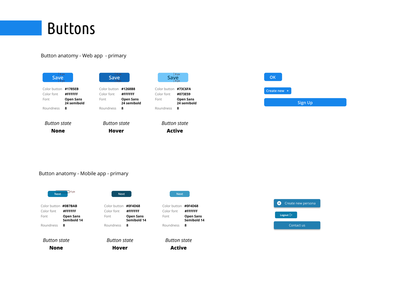 A style guide page documenting primary and secondary button anatomy and states for web and mobile.