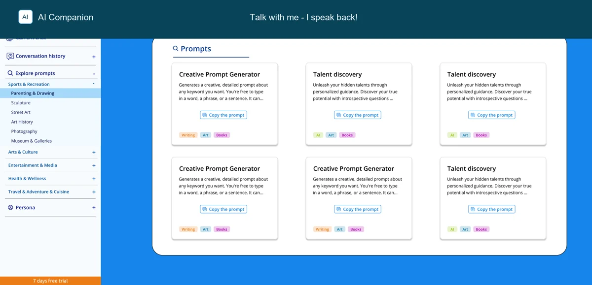 AI companion product interface and prompt selection