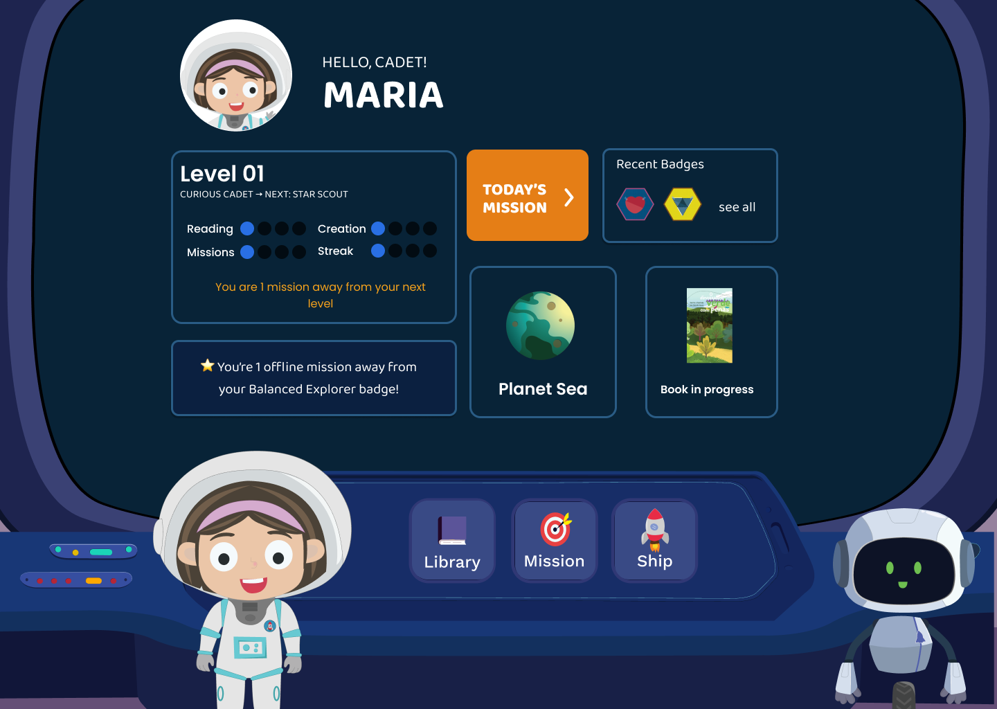 Cockpit screen from the coded prototype: level progress, streak, badges and quick access to Library, Missions and Ship.