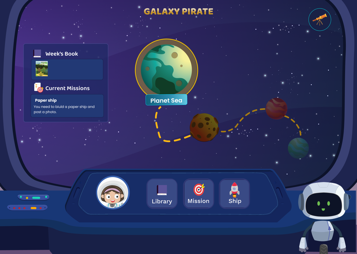 Galaxy exploration map from the coded prototype, showing a dashed route between planets used for navigation instead of text menus.
