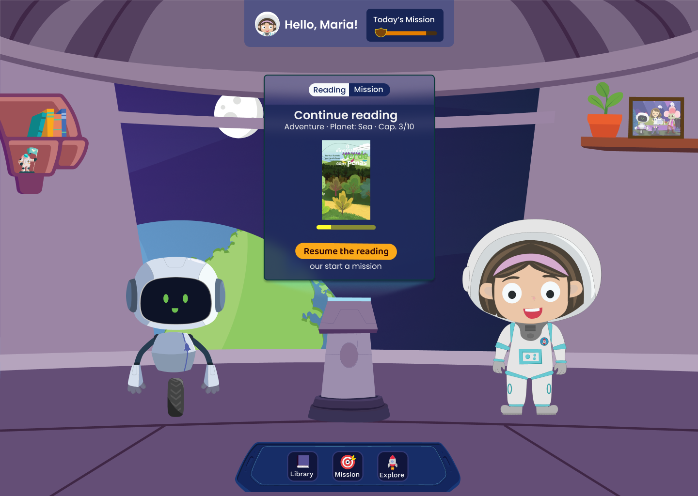 Home screen from the coded prototype prompting the child to resume a reading mission, framed as part of the adventure world.