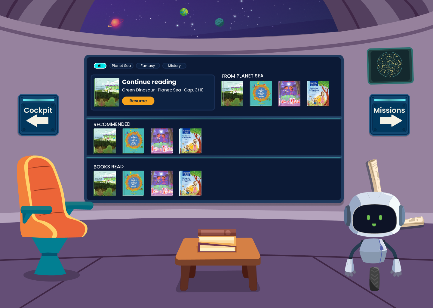 Library screen from the coded prototype, showing continue-reading, recommended titles and a books-read history that carries progress forward.