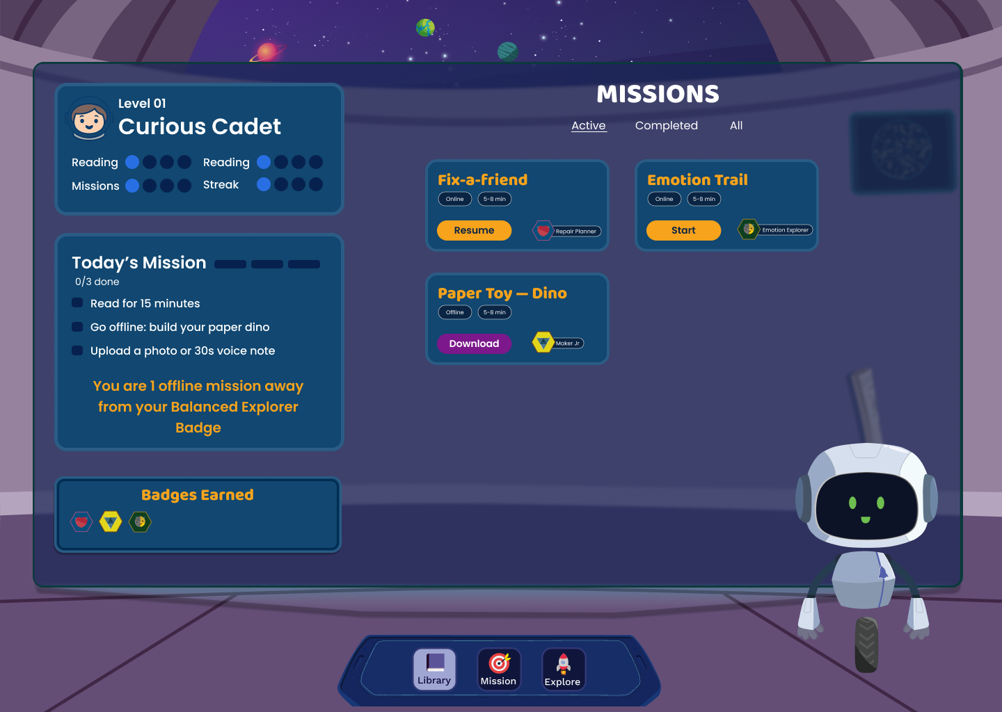 Missions screen from the coded prototype, listing active missions with progress and badges earned.