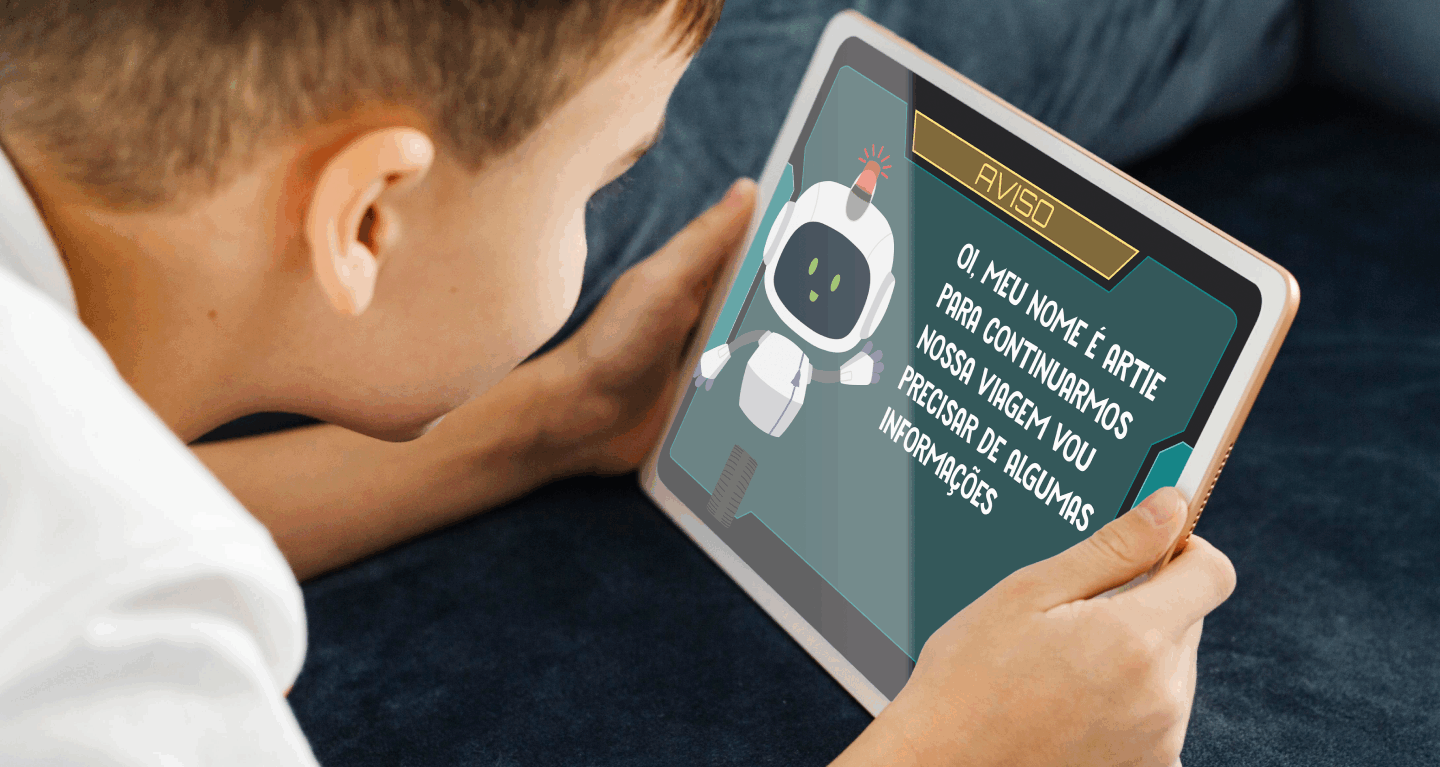 A child leaning in close to a tablet showing an in-app message from Artie, the app's onboarding character.