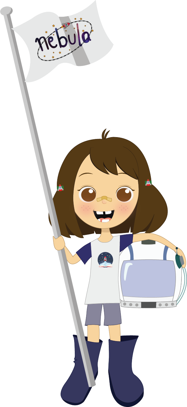 Julie, the child-astronaut character from Nebula, holding a flag.